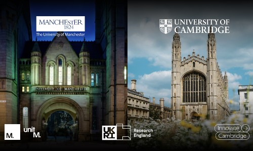 Campus images of the universities of Manchester and Cambridge.